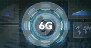 Image of scope scanning with 6g text and data processing over cityscape