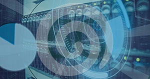 Image of scope scanning with 5g text and data processing over server room