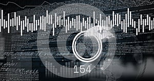 Image of scope scanning and globe over data processing on black background
