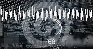 Image of scope scanning and globe over data processing on black background