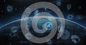Image of scope scanning with icons and data processing over globe