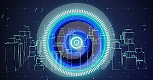 Image of scope scanning over 3d cityscape on blue background