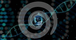 Image of scope scanning over dna strands on black background