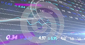 Image of scope scanning over financial data processing on blue background