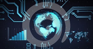 Image of scope scanning, processor elements, globe and data processing over grid