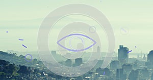 Image of scope scanning with purple trails processing over cityscape