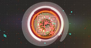 Image of scope scanning and qr code security data processing on black background