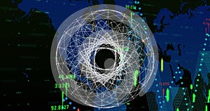 Image of scope and world map over financial data processing