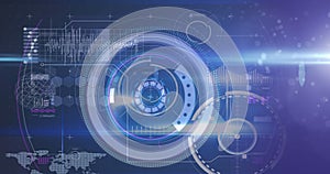 Image of scopes scanning and data processing over glowing purple background