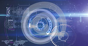 Image of scopes scanning and data processing over glowing purple background