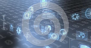 Image of scopes scanning and data processing on screens over binary coding