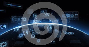 Image of scopes scanning and data processing on screens over globe with glowing horizon