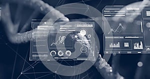 Image of screen with data processing over dna strand spinning