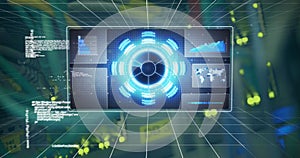 Image of screen with scope scanning and data processing over close up of computer server