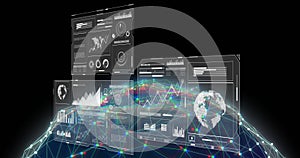 Image of screens and data processing over globe on black background
