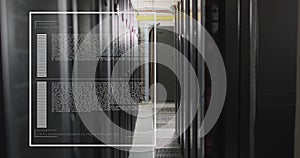 Image of screens with programming language moving over data server racks