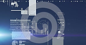 Image of screens with statistical data processing against light spot on blue background