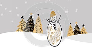 Image of seasons greetings text over snowman at christmas and snow falling