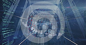 Image of security chain, globe of digital icons and data processing over computer server room