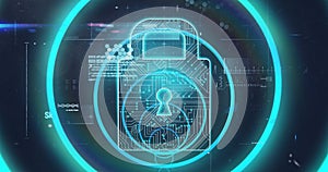 Image of security pad lock over data processing over dark background