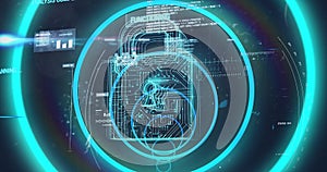 Image of security pad lock over data processing over dark background