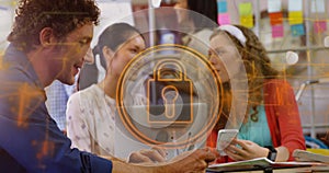 Image of security padlock and connections over diverse business people in office