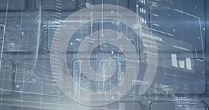 Image of security padlock and data processing over navy background