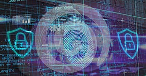 Image of security padlock and data processing over navy background