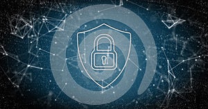 Image of security padlock icon and network of connections against blue background