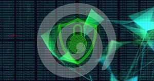 Image of security padlock icon and plexus network against binary coding on blue background