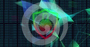 Image of security padlock icon and plexus network against binary coding on blue background
