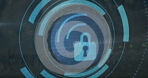 Image of security padlock icon on round scanner, cyber security data processing over server room