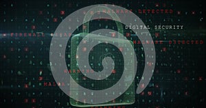 Image of security padlock over data processing on dark background