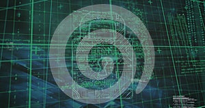 Image of security padlock over data processing on dark background