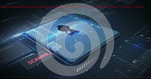 Image of security padlock over data processing on dark background