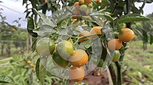 In this image we see a branch covered in small round oranges. Some are still green promising to ripen soon while others