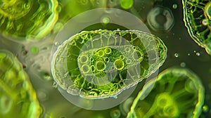 In this image we see a closeup of a chloroplast within the algae cell. The green ovalshaped organelle is filled with