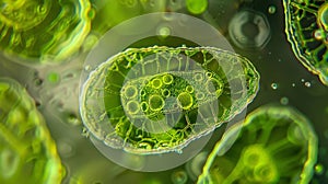 In this image we see a closeup of a chloroplast within the algae cell. The green ovalshaped organelle is filled with photo