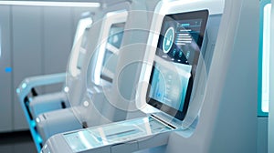 In this image we see a futuristic checkin kiosk equipped with a hightech interface. Passengers can quickly checkin for photo