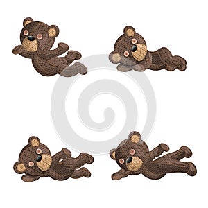 Image of a set of four knitted bears in various positions in horizontal poses. Isolated on white background