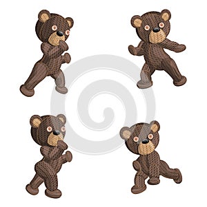 Image of a set of four knitted bears in various positions. Isolated on white background.