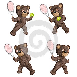 Image of a set of four knitted bears in various positions playing tennis. Isolated on white background
