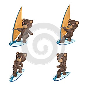 Image of a set of four knitted bears in various positions on a surfboard with and without a sail.