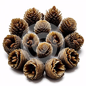set of pine cones on a white background.