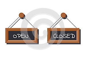 Image set of various open and closed business signs on slate board written in chalk