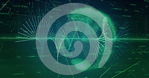 Image of shapes moving over data processing and globe