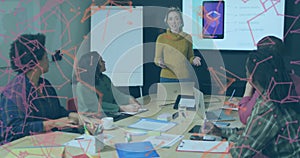 Image of shapes moving over diverse business people at meeting in office