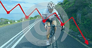 Image of shapes over caucasian woman cycling