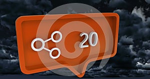 Image of share icon with numbers on speech bubble over sky and clouds
