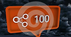 Image of share icon with numbers on speech bubble over sky and clouds